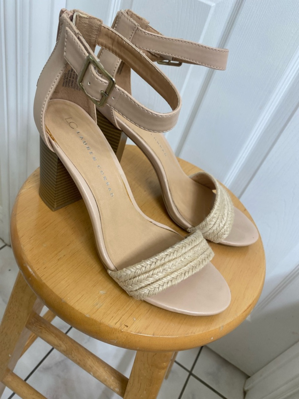 LC Lauren Conrad Nude Braided Toe Ankle-Strap Block Heels